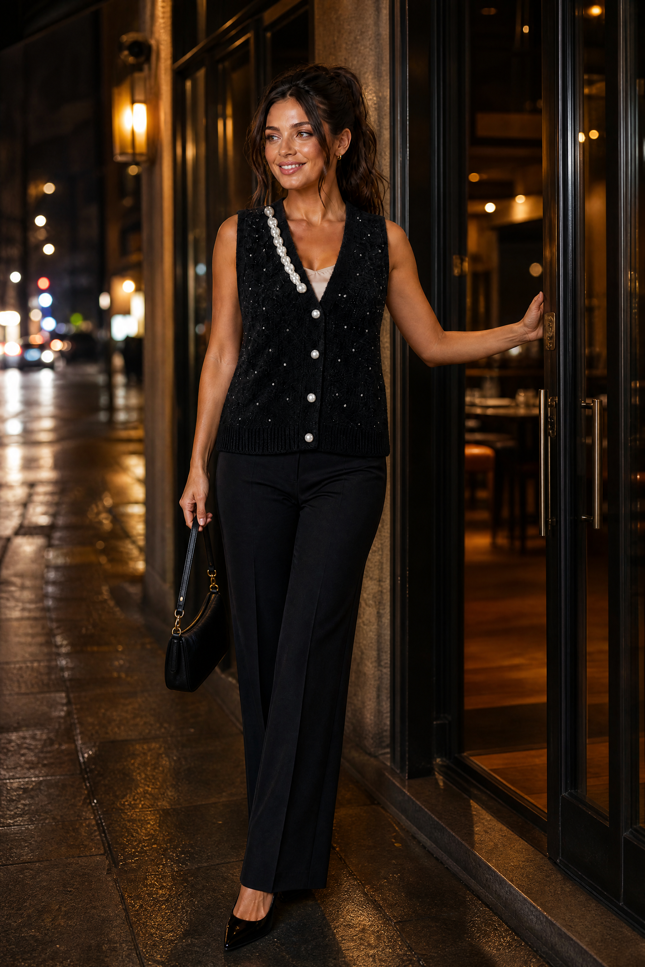 Gilet sans manches col V perlé | Variante Noir - Lifestyle | Lounelle Paris