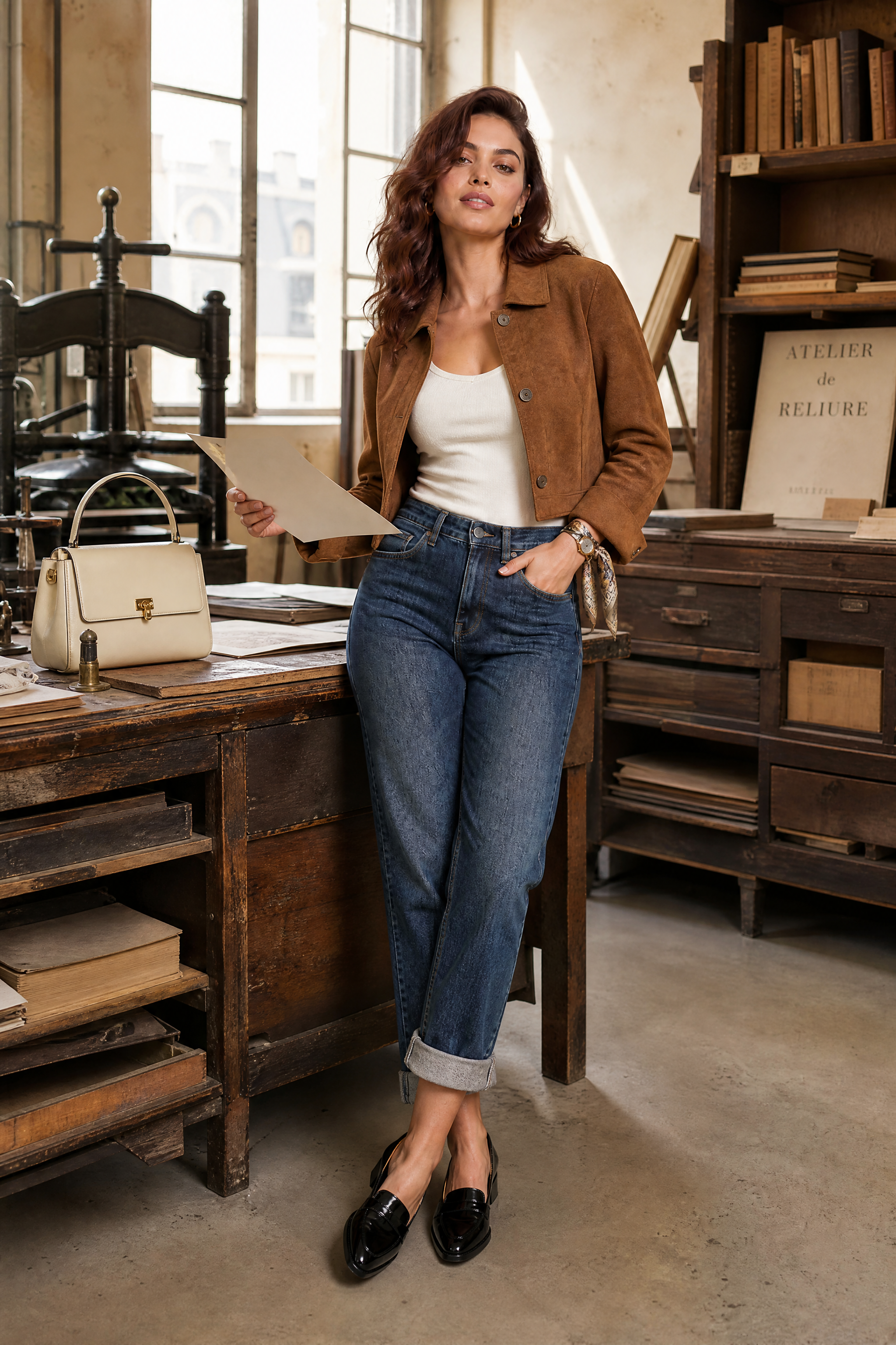 Jean mom bleu foncé taille haute coupe droite | Photo lifestyle | Lounelle Paris