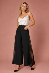 Black Lace-Trim Wide-Leg Pants