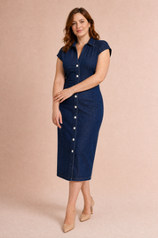 Robe en jean bleu col chemise | Porté sur une autre silhouette | Lounelle Paris
