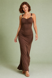 Robe longue marron à fronces | Vue en mouvement | Lounelle Paris