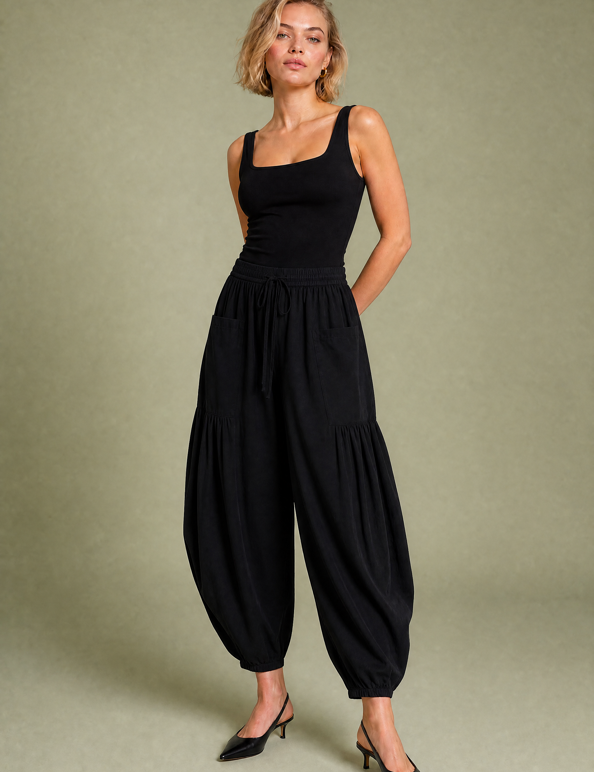 Pantalon large taille haute plissé | Variante Noir | Lounelle Paris