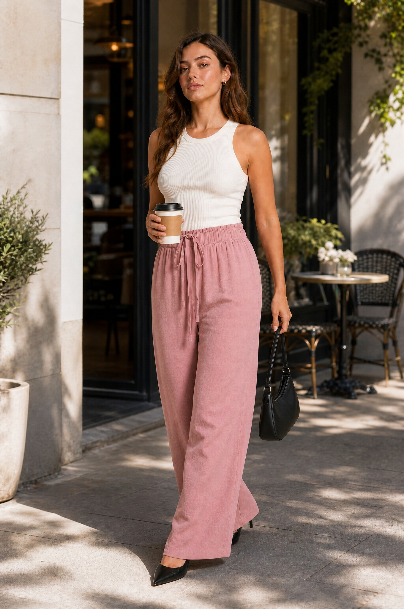 Pantalon fluide large taille cordon | Variante Rose - Lifestyle | Lounelle Paris
