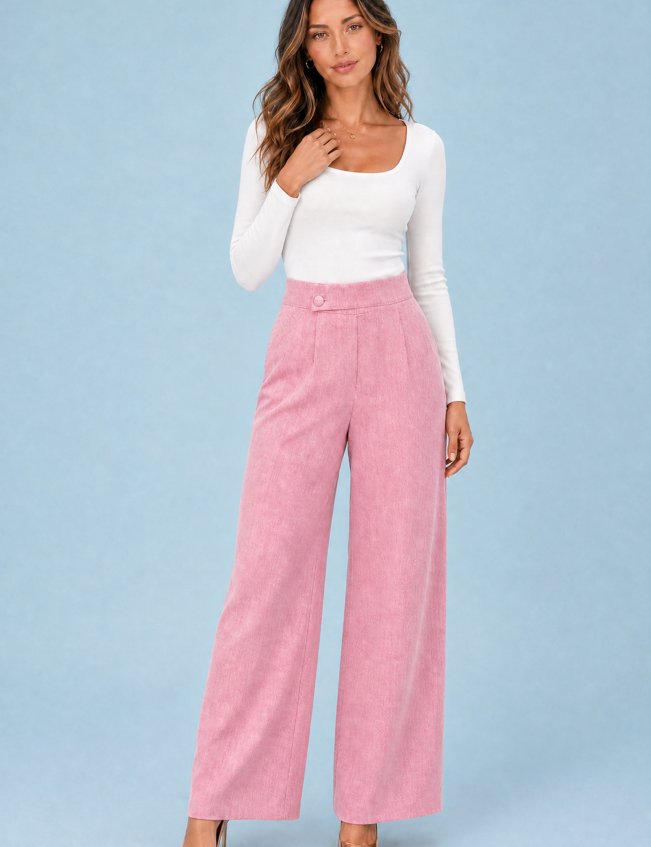 Pantalon large taille haute boutonné | Variante Rose | Lounelle Paris