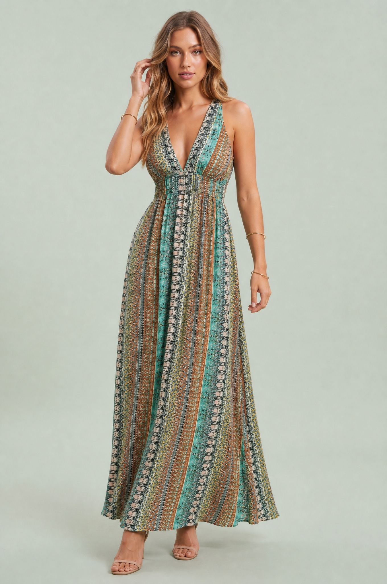Robe longue fluide dos nu | Variante Vert | Lounelle Paris