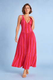 Robe longue rose rayée dos ouvert | Vue de face | Lounelle Paris
