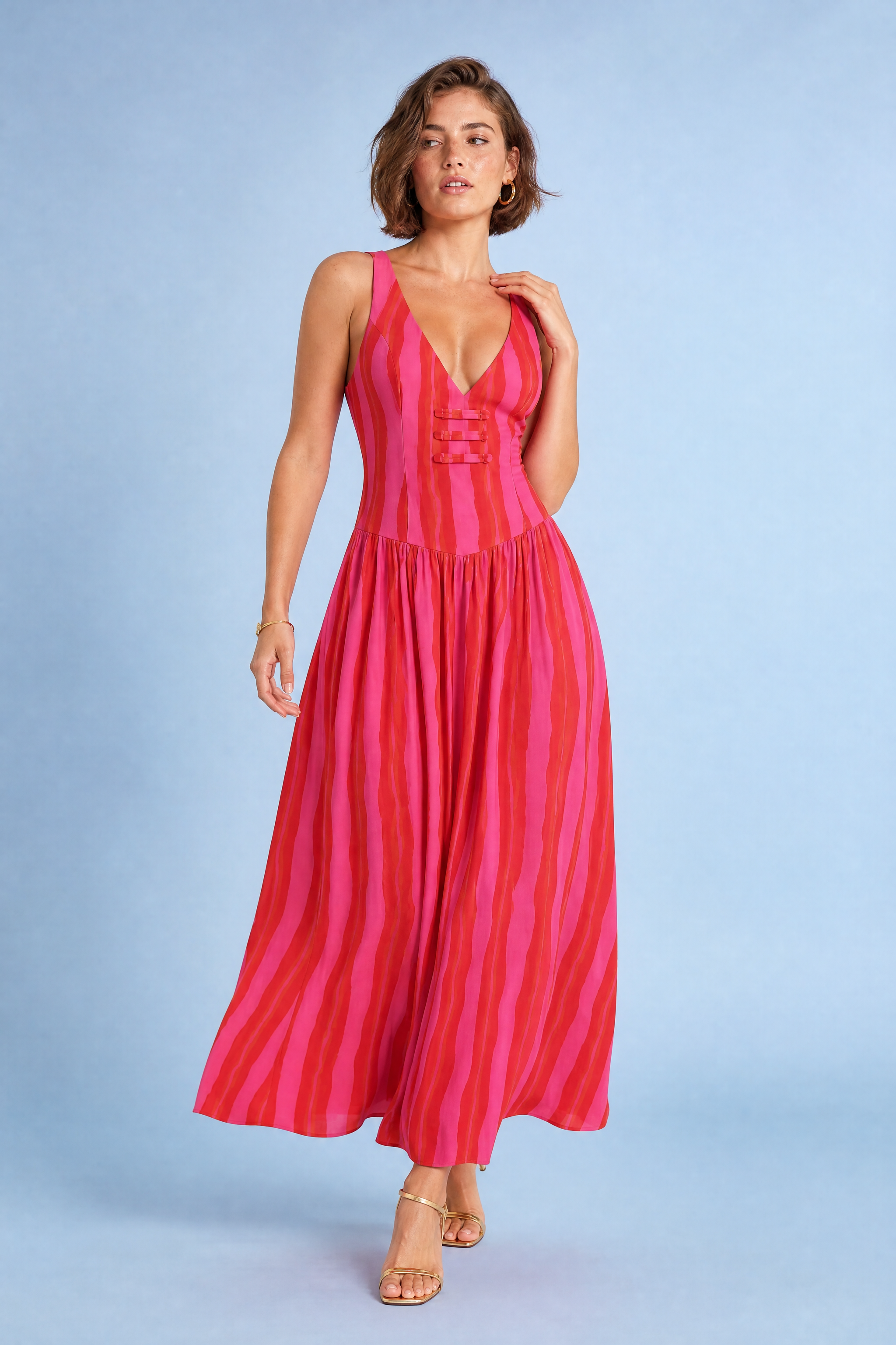 Robe longue rose rayée dos ouvert | Vue de face | Lounelle Paris