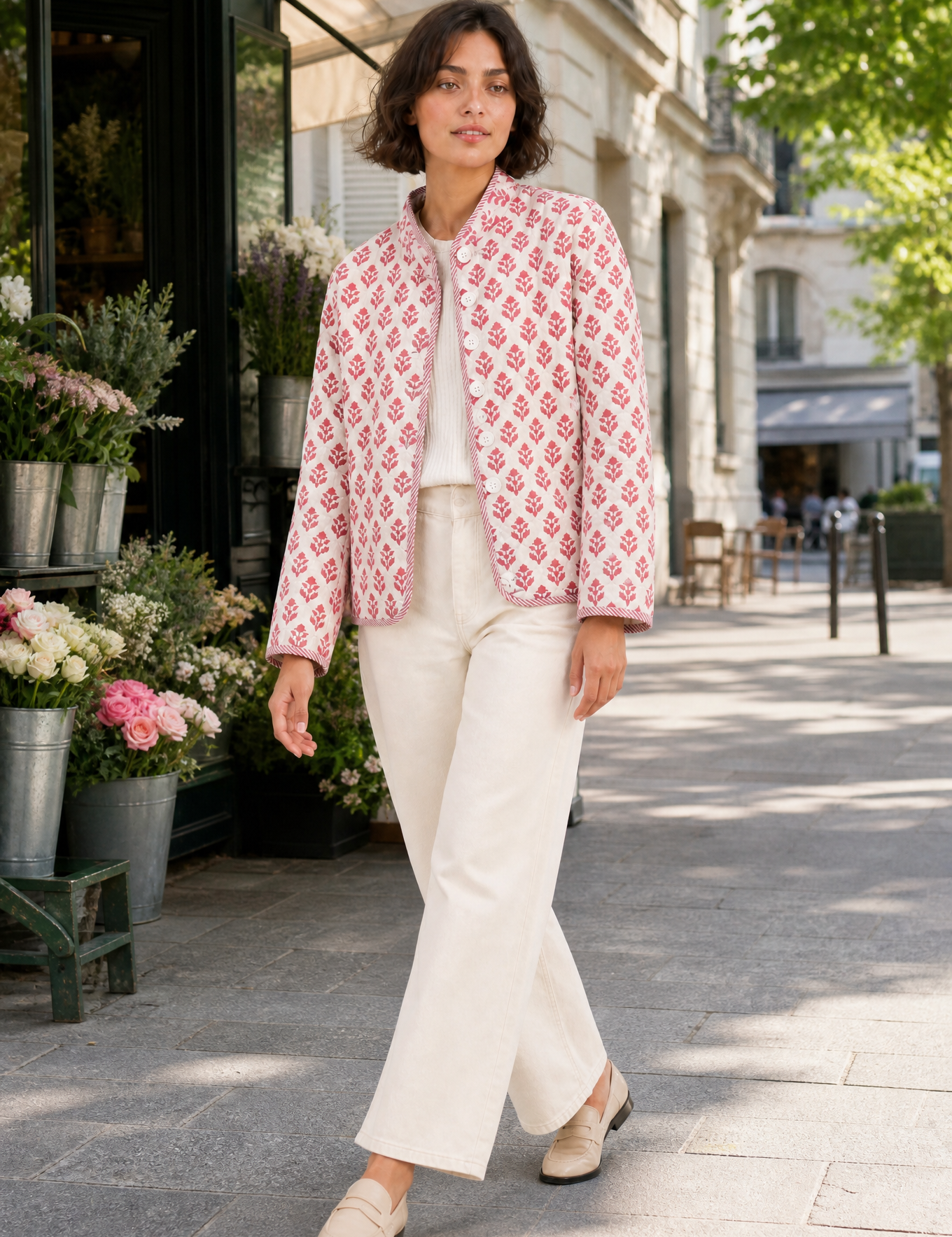 Veste matelassée imprimée col montant | Variante Rose - Lifestyle | Lounelle Paris