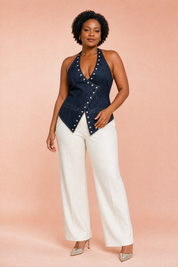 Top denim col halter dos nu | Porté sur une autre silhouette | Lounelle Paris