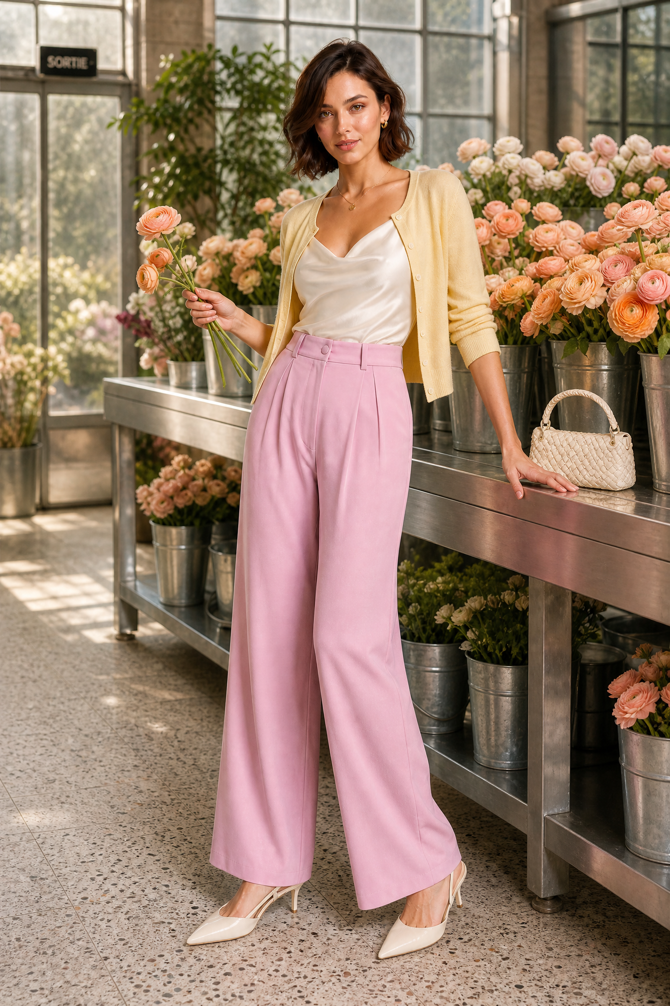 Pantalon large taille haute fluide | Photo lifestyle | Lounelle Paris