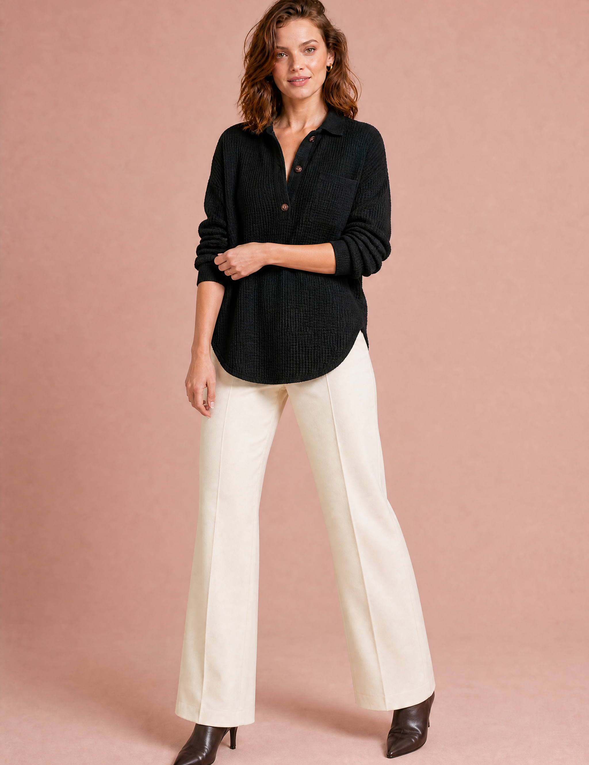 Top maille gaufrée col chemise | Variante Noir | Lounelle Paris