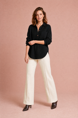 Waffle-Knit Collared Button Top