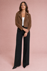 Black Faux Suede Cropped Asymmetric-Zip Biker Jacket