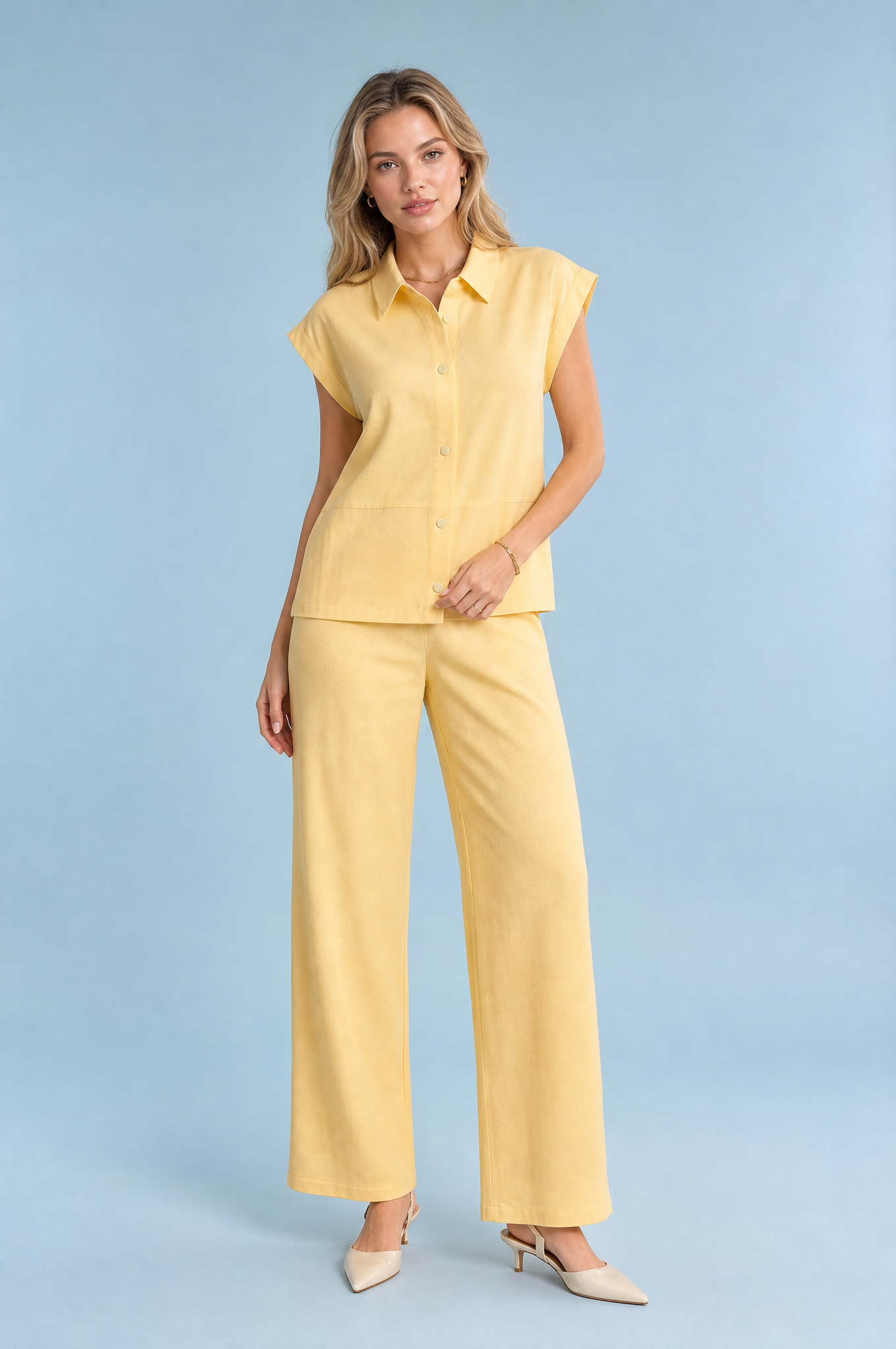 Ensemble jaune pâle ample col chemise | Vue de face | Lounelle Paris