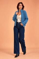 Blue Ribbed Knit High-Neck Zip-Up Cardigan