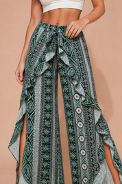 Pantalon vert imprimé taille haute | Vue rapprochée | Lounelle Paris