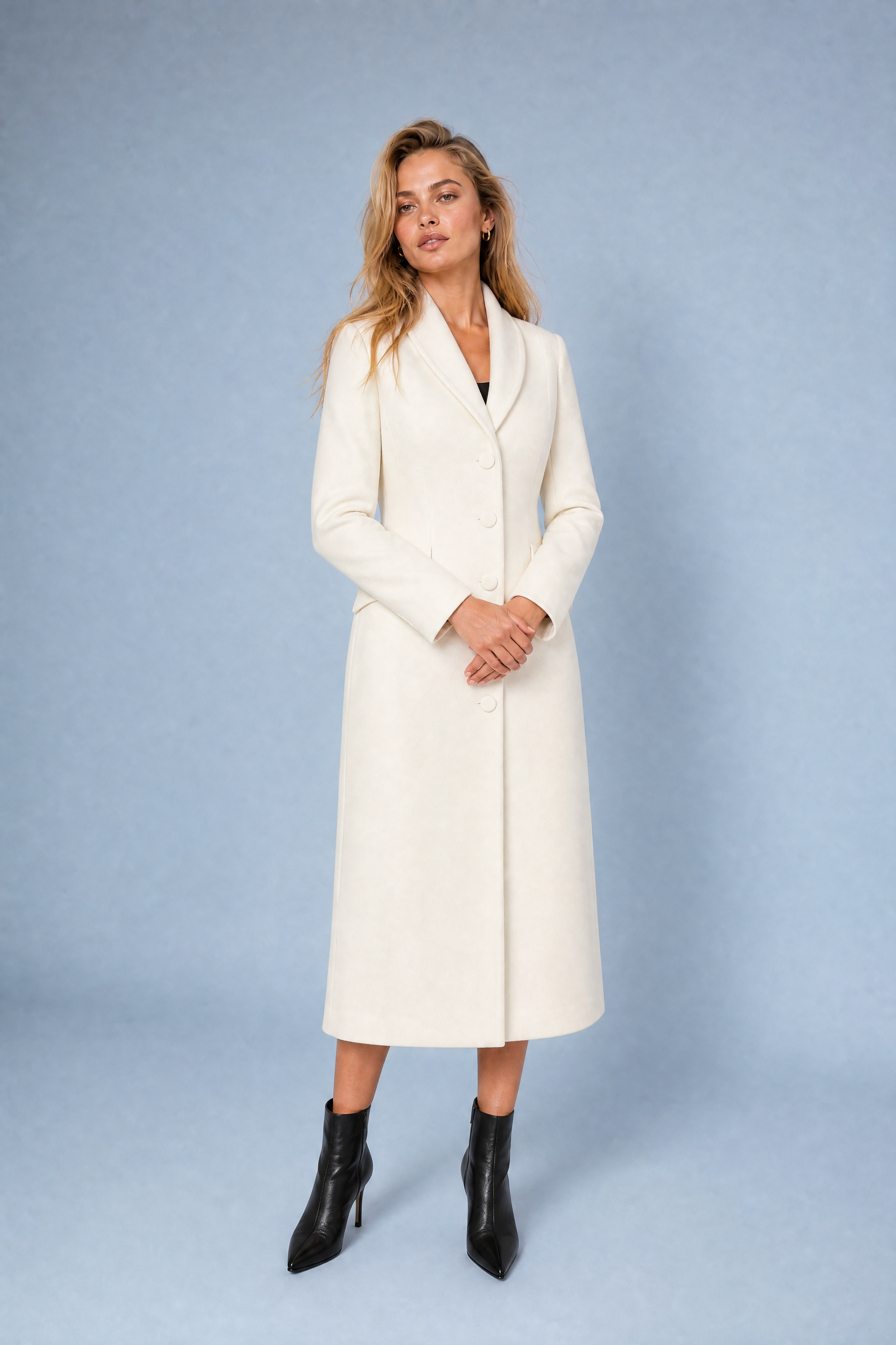 Manteau long cintré à col tailleur | Variante Blanc cassé | Lounelle Paris