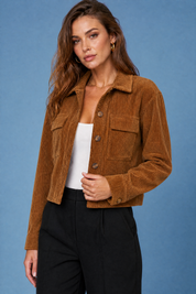 Veste marron courte en velours côtelé | Vue rapprochée | Lounelle Paris