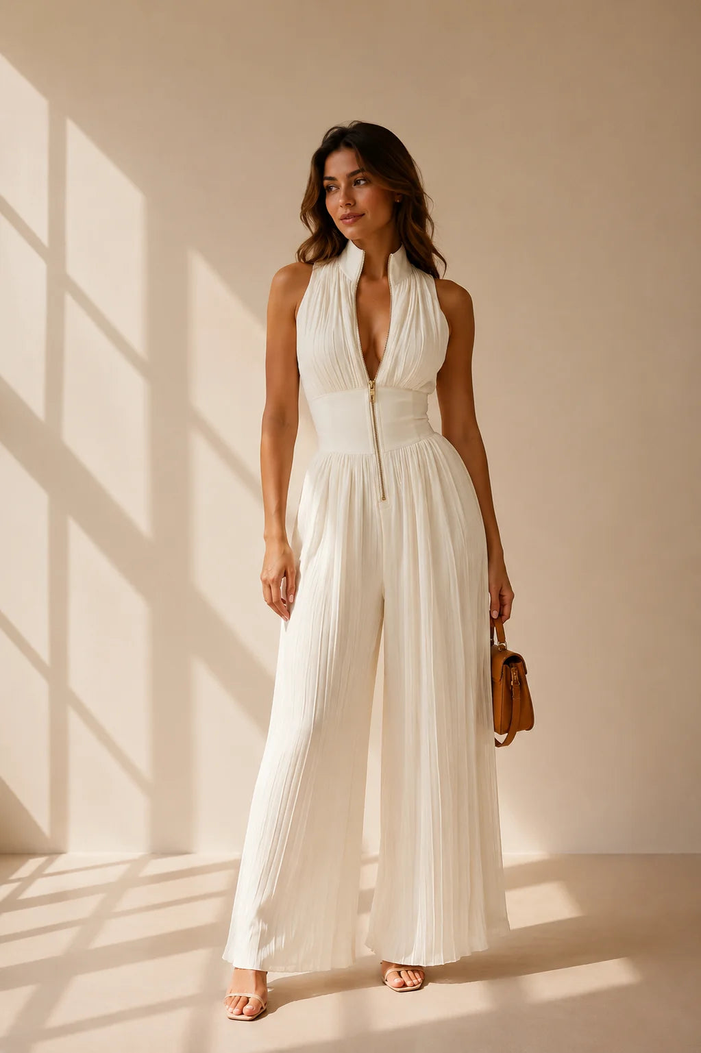 White Pleated High-Neck Wide-Leg Jumpsuit