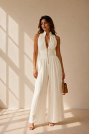White Pleated High-Neck Wide-Leg Jumpsuit