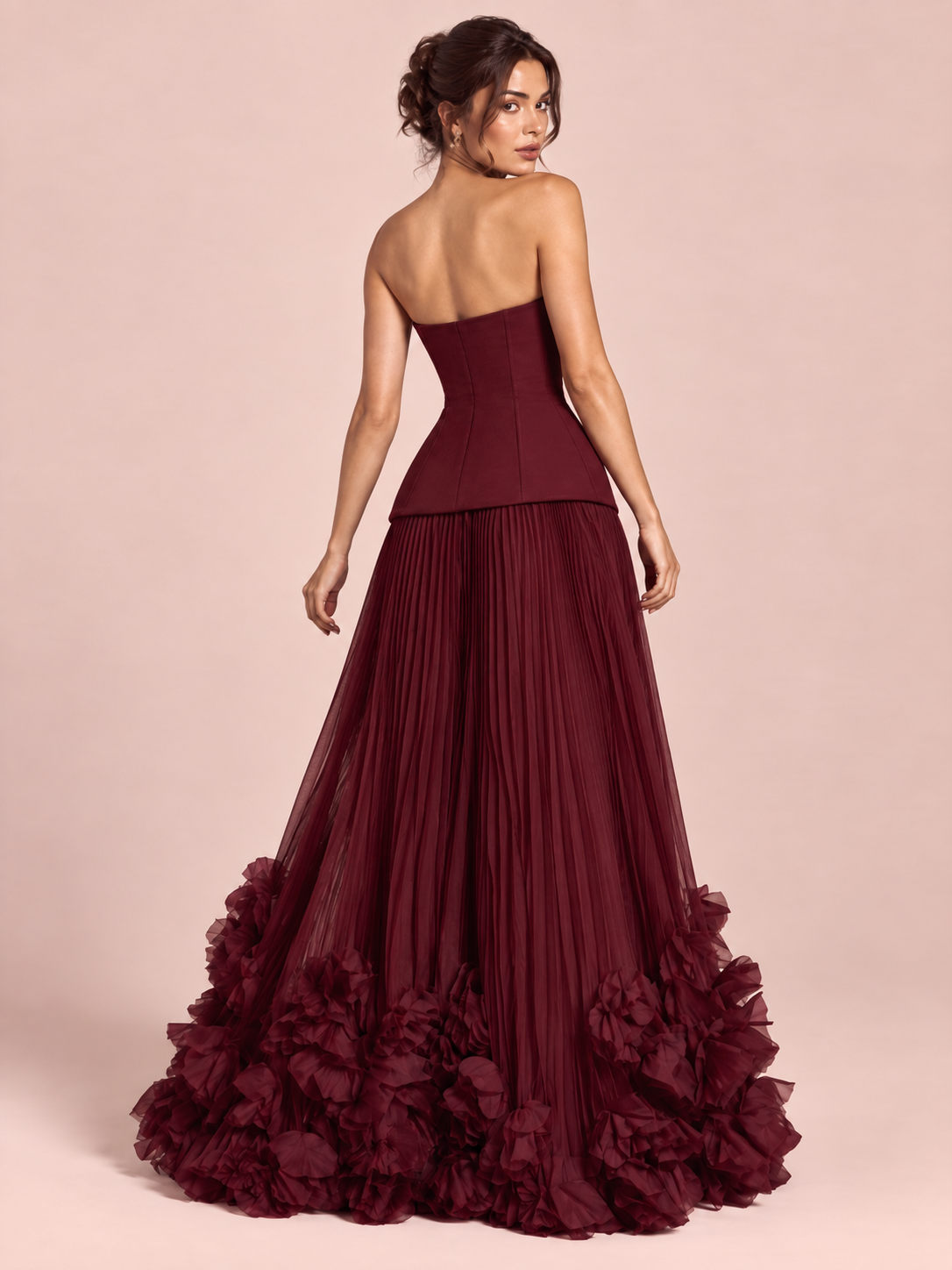 Strapless Pleated Red Gown