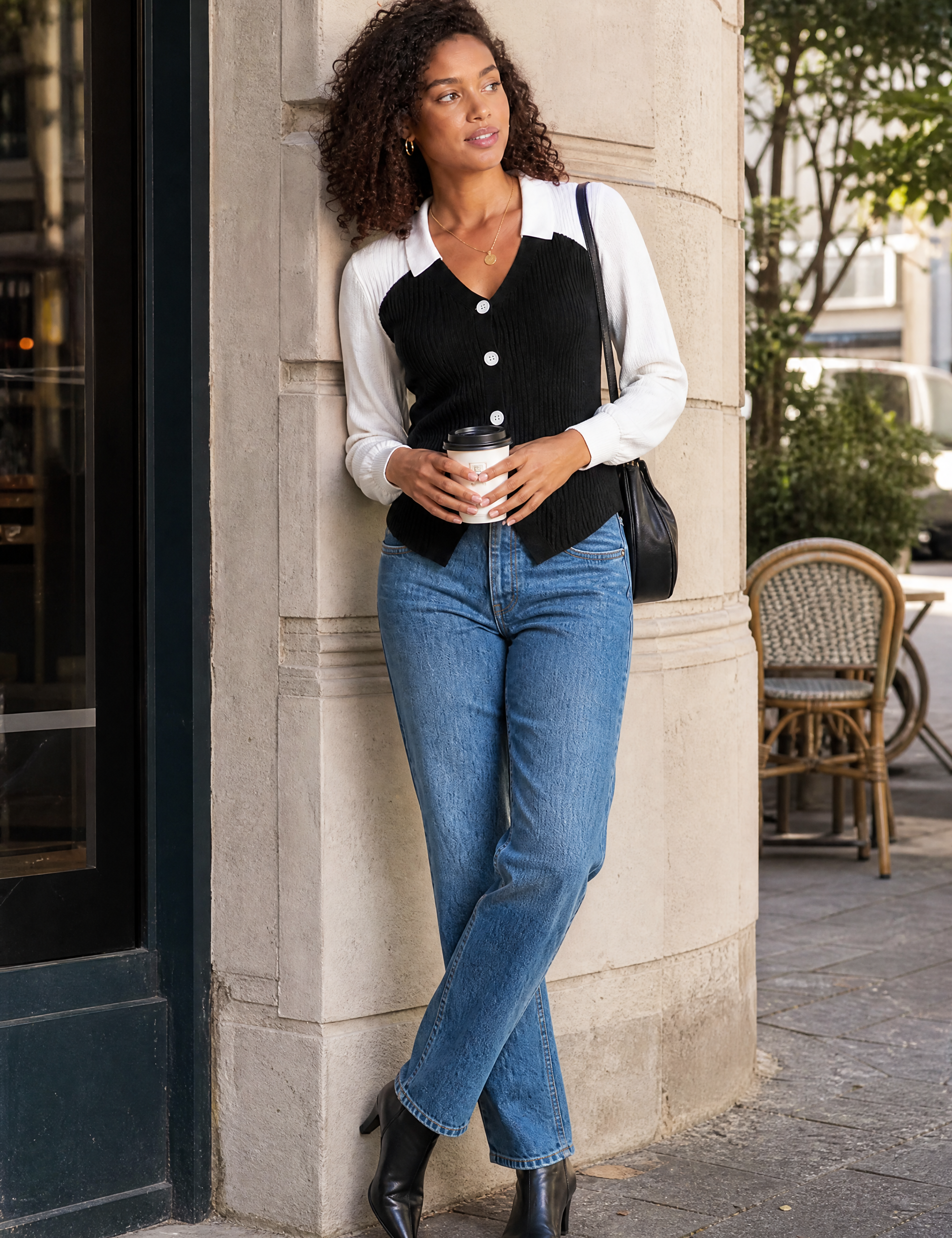 Pull bicolore col en V | Photo lifestyle | Lounelle Paris