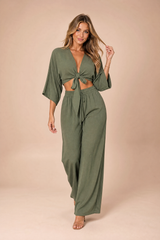 Tie-Front Crop Top & Wide-Leg Pants Set