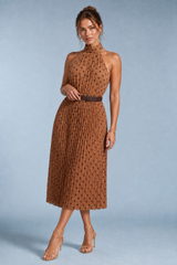 Brown Polka-Dot Halter-Neck Maxi Dress