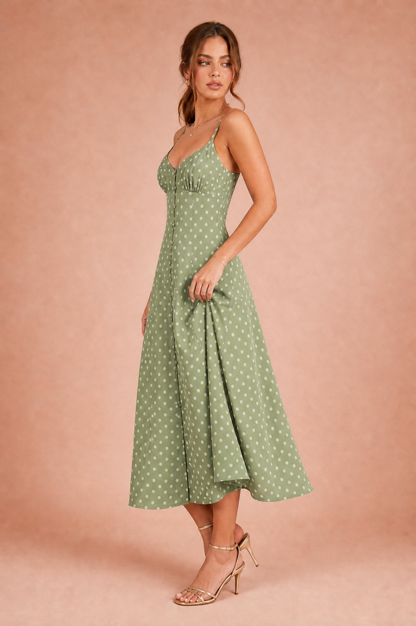 Robe longue verte à pois bretelles | Vue de profil | Lounelle Paris