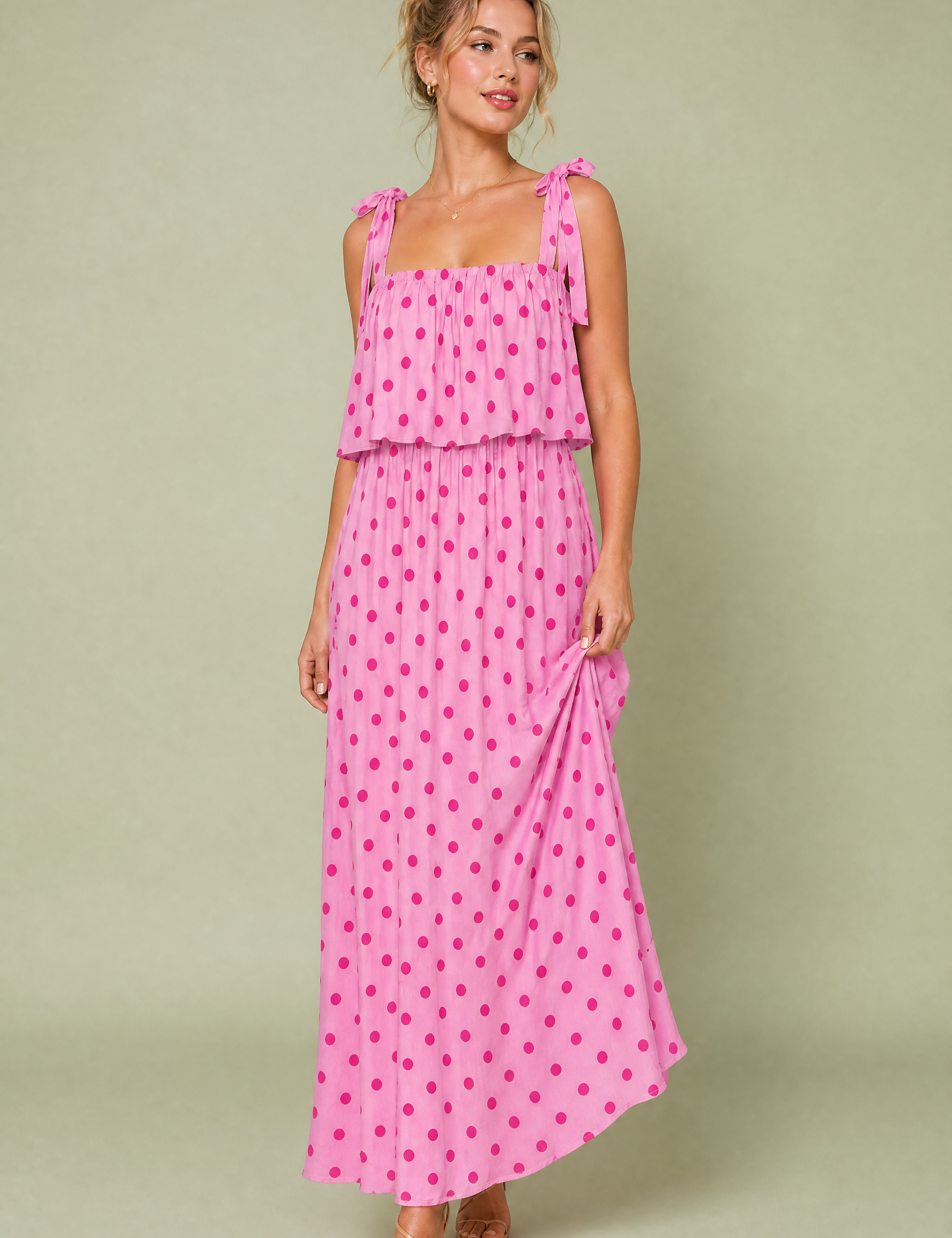 Robe longue rose à pois | Vue de face | Lounelle Paris