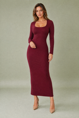 Burgundy Square-Neck Long-Sleeve Bodycon Maxi Dress