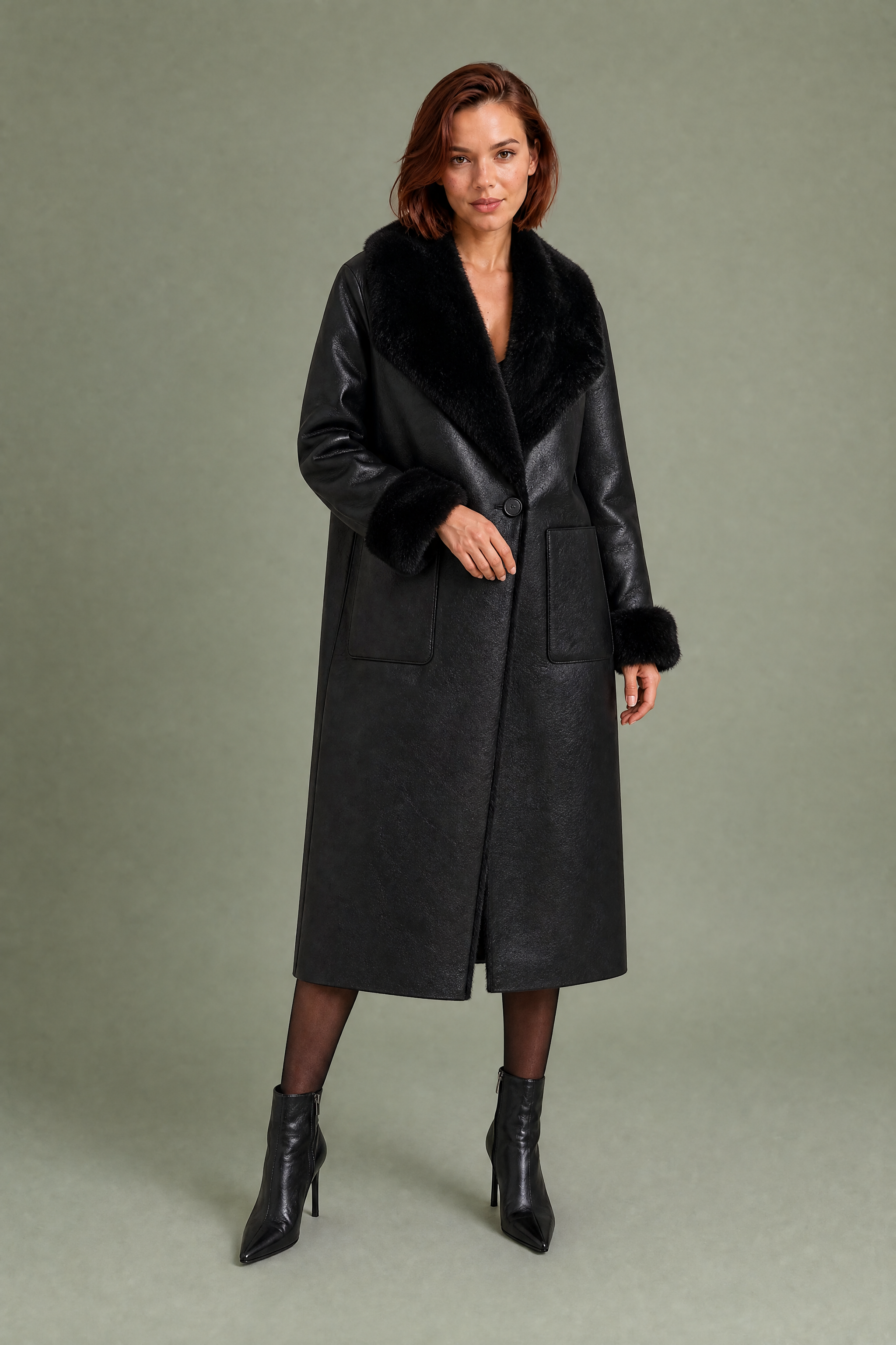 Manteau long réversible col duveteux | Variante Noir | Lounelle Paris