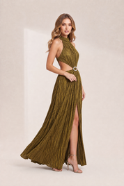 Robe longue or olive dos ouvert | Vue de profil | Lounelle Paris