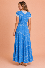 Robe longue bleue à pois col V | Vue de dos | Lounelle Paris