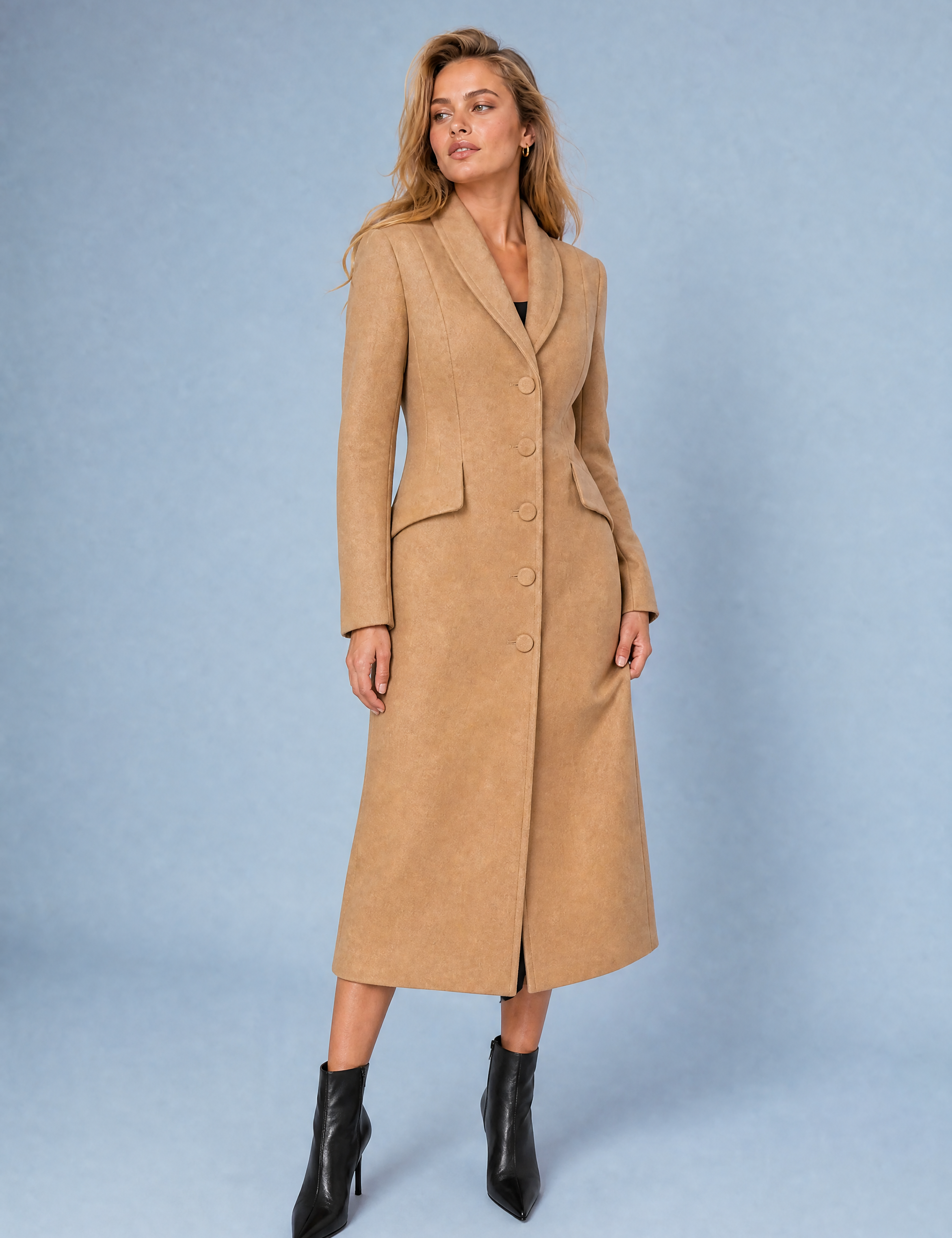 Manteau long cintré à col tailleur | Variante Camel | Lounelle Paris