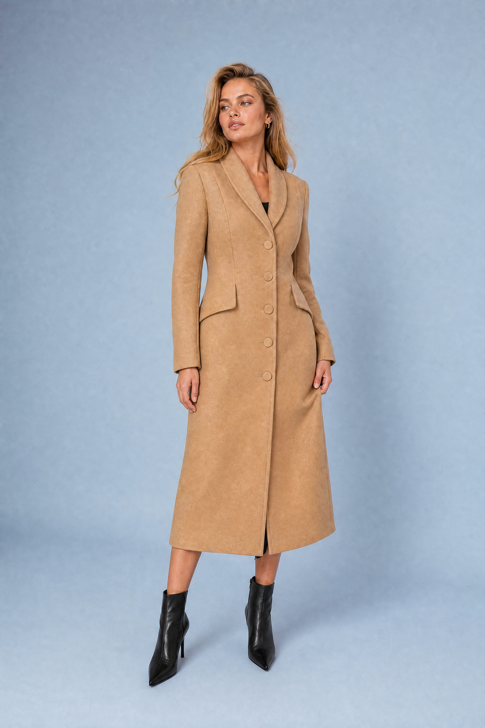 Manteau long cintré à col tailleur | Variante Camel | Lounelle Paris