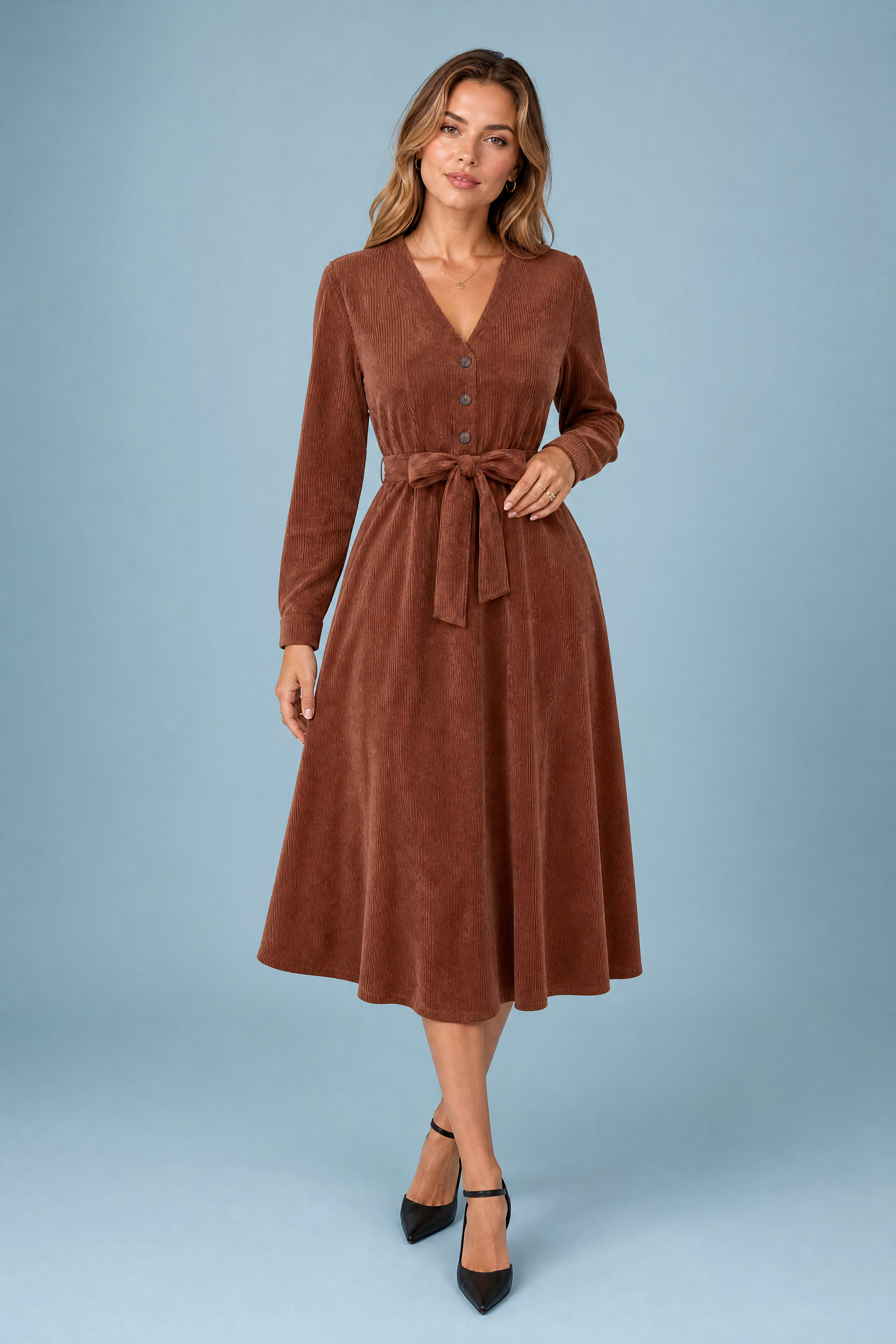 Robe marron col V velours côtelé | Vue de face | Lounelle Paris