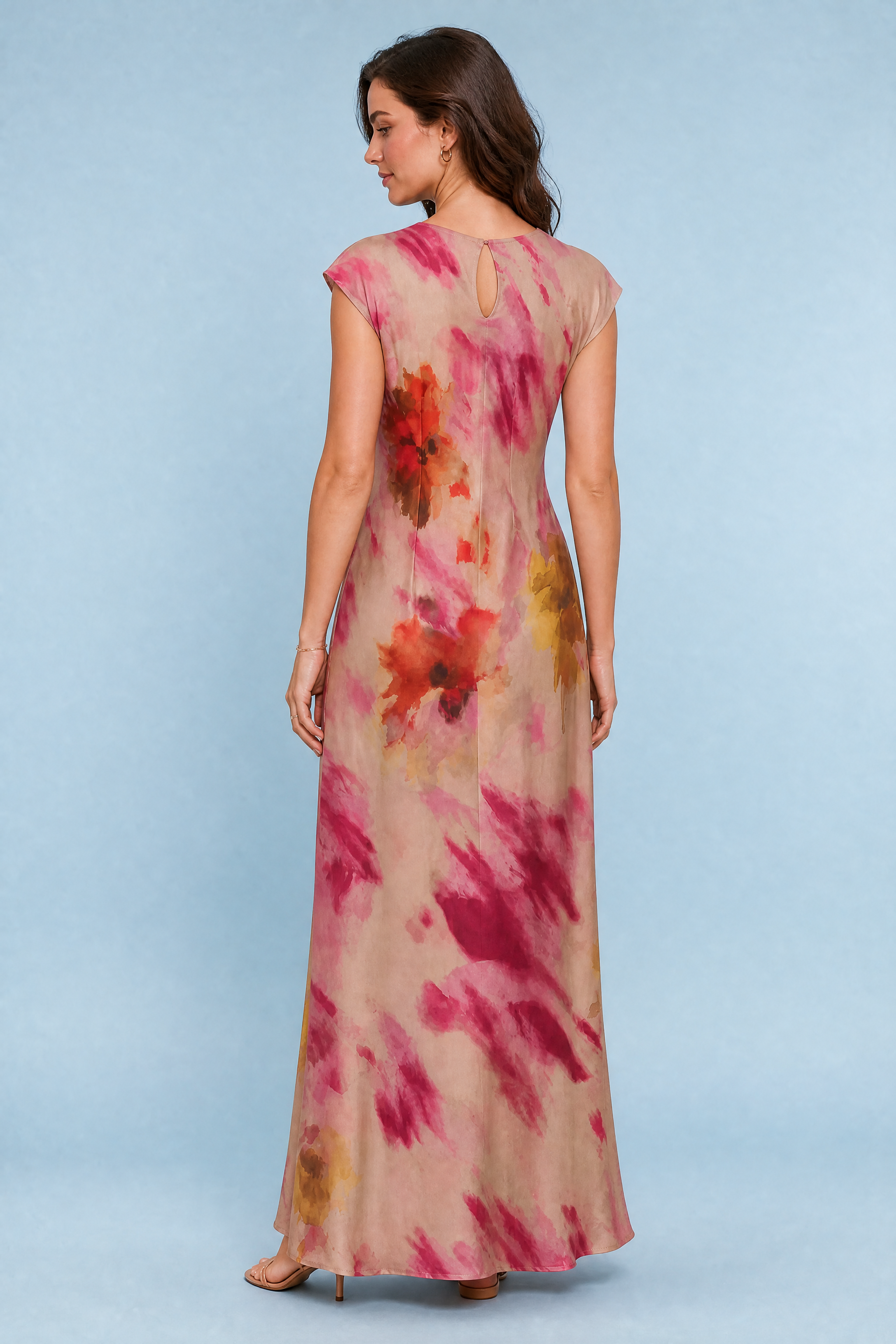 Robe longue beige rosé imprimée | Vue de dos | Lounelle Paris
