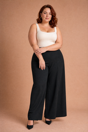 Pantalon large taille haute fluide | Porté sur une silhouette plus ronde | Lounelle Paris