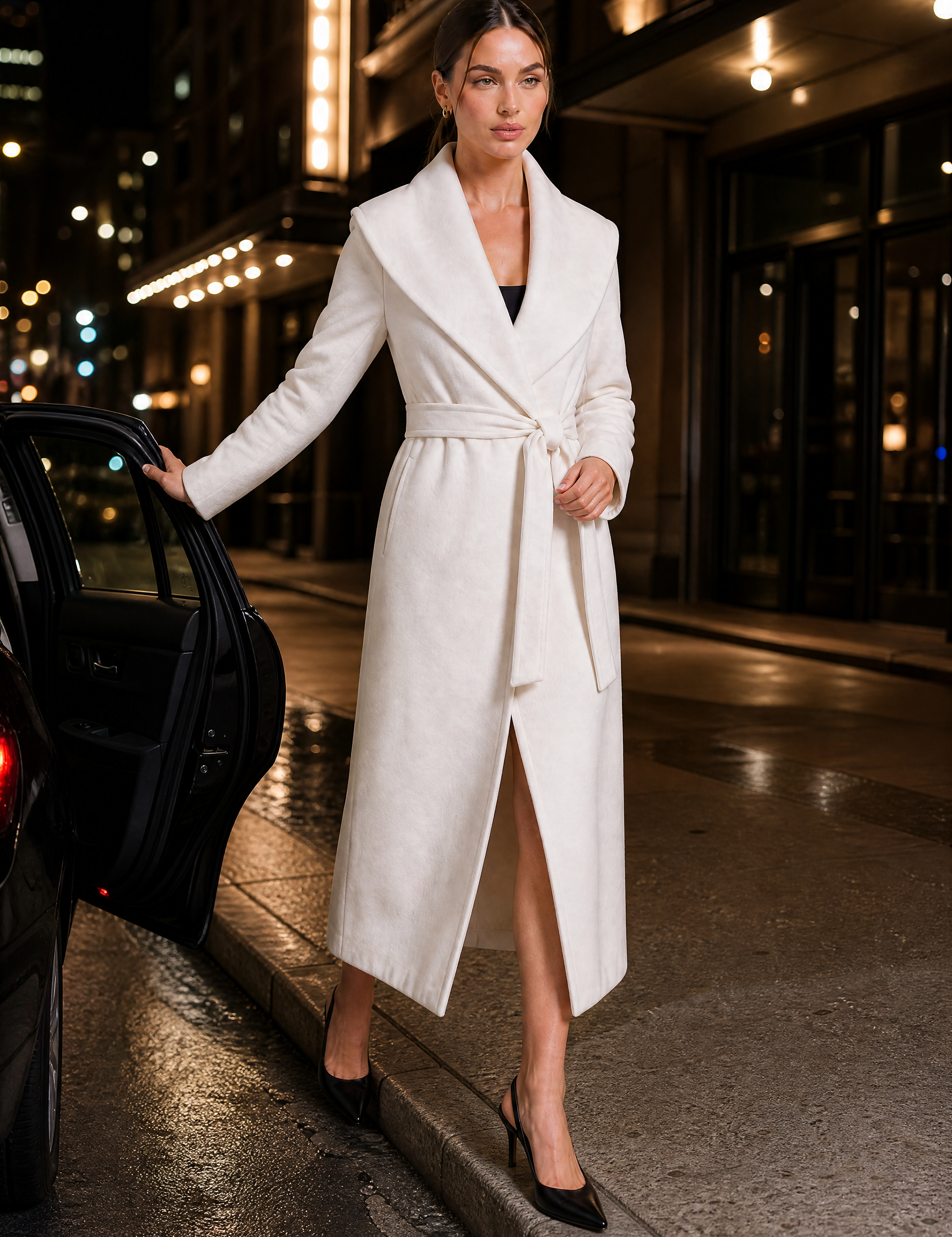 Manteau long col châle ceinturé | Variante Blanc - Lifestyle | Lounelle Paris