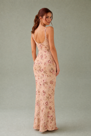 Robe longue abricot fleurie dos nu | Vue de dos | Lounelle Paris