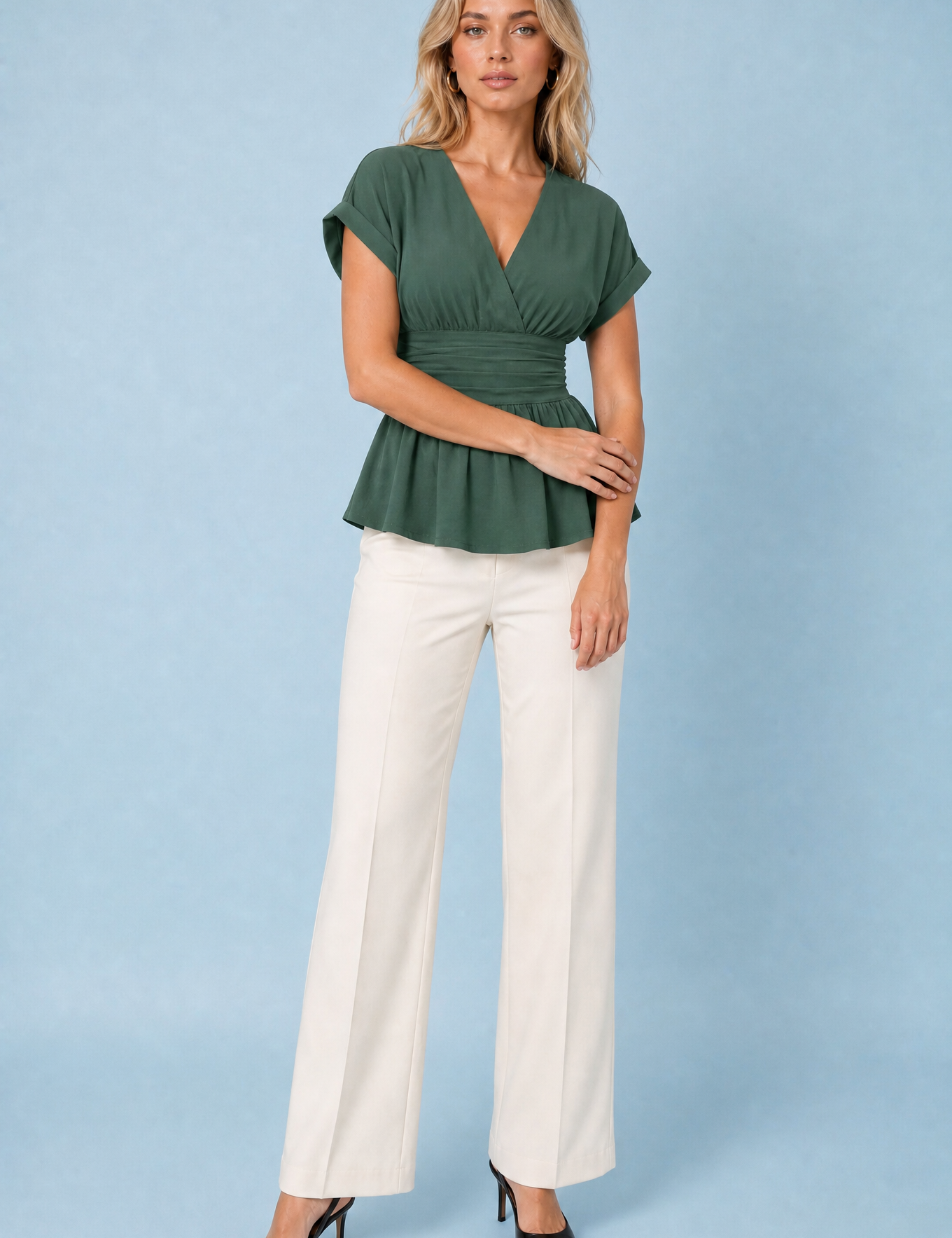 Blouse col V taille cintrée | Variante Vert | Lounelle Paris