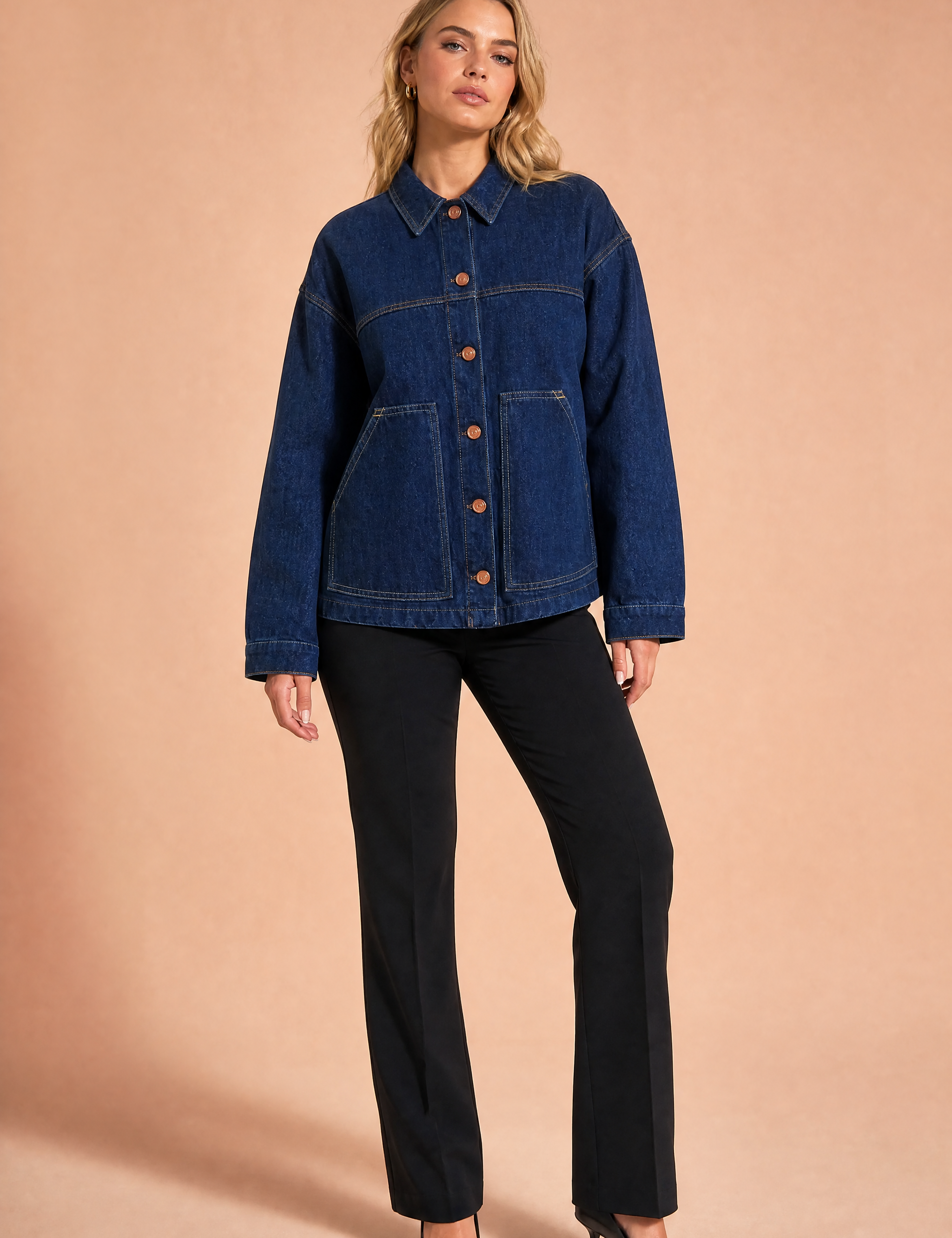 Veste en jean bleu foncé ample | Vue de face | Lounelle Paris