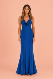 Robe longue bleue col licou | Vue de face | Lounelle Paris