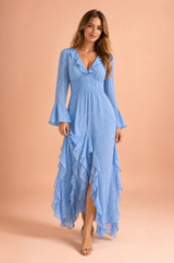 Blue Floral Ruffle Maxi Dress
