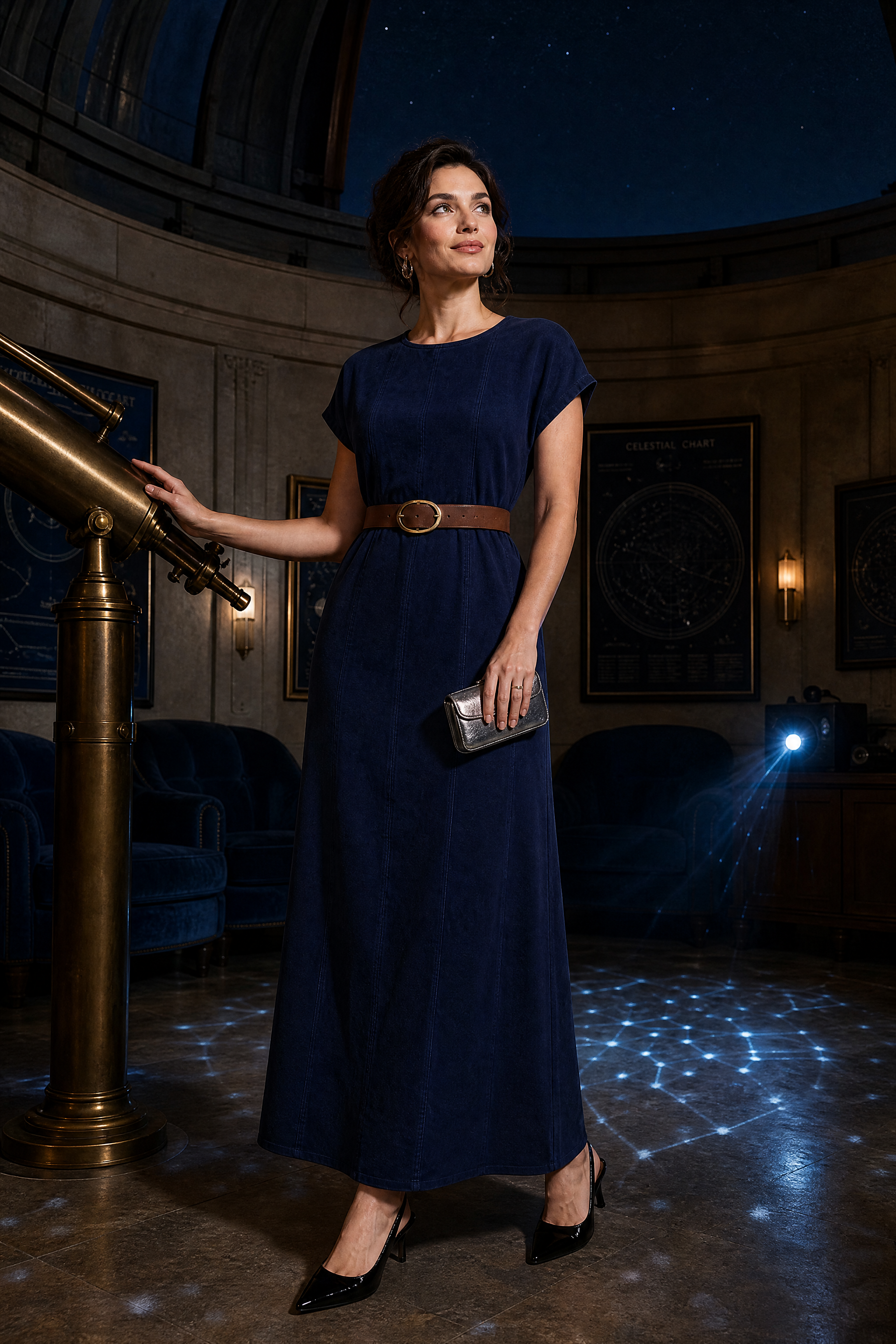 Robe longue bleu foncé ceinturée | Deuxième photo lifestyle | Lounelle Paris