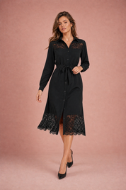 Robe chemise noire à dentelle | Vue en mouvement | Lounelle Paris