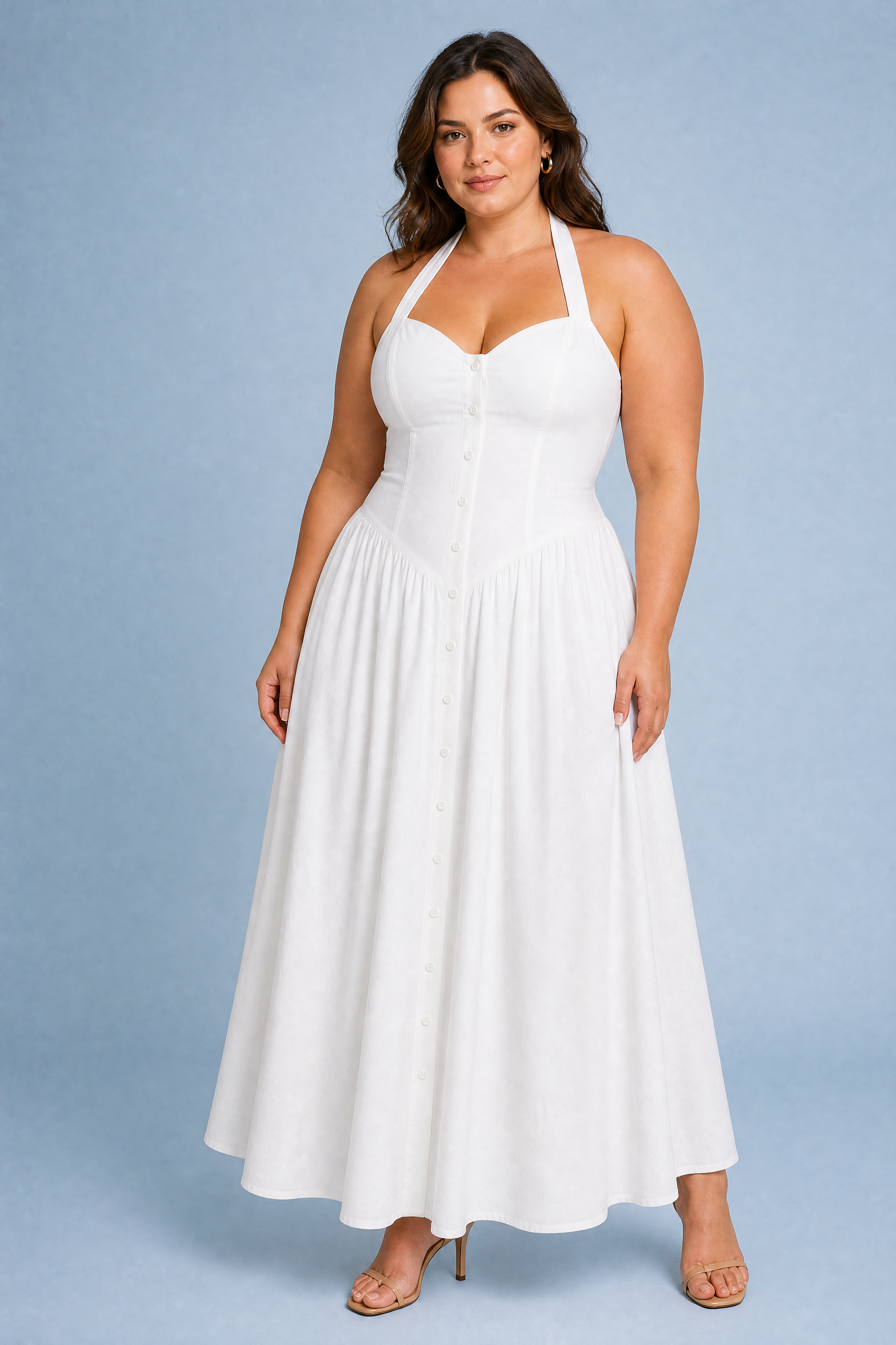 Robe longue blanche licou dos nu | Porté sur une silhouette plus ronde | Lounelle Paris