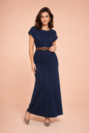 Robe longue bleu foncé ceinturée | Vue de face | Lounelle Paris