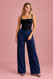 Pantalon large taille élastique en V | Variante Bleu marine | Lounelle Paris
